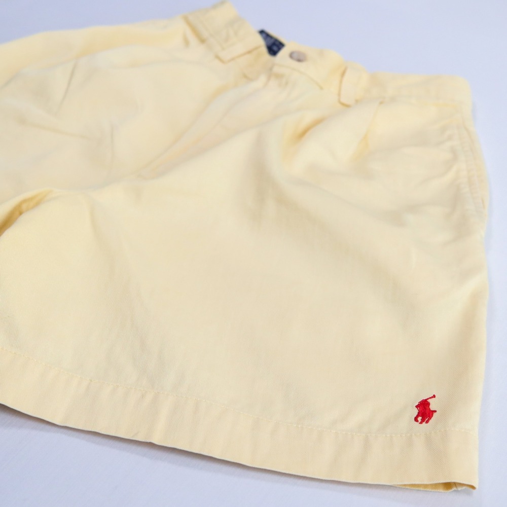 Ralph Lauren Pleated Shorts Women 6 Yellow Vintage 90s Cotton High Rise Red Pony - Picture 5 of 13